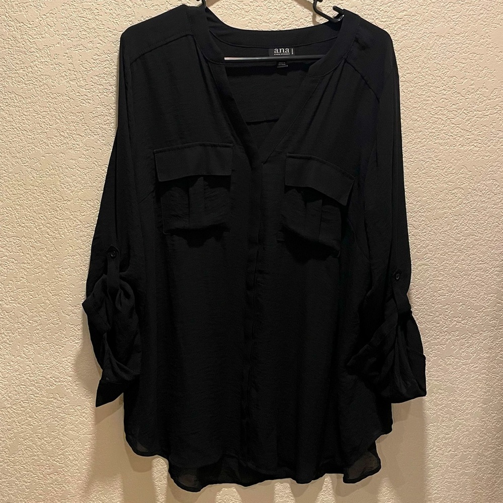 A.N.A long sleeve black button down blouse. With front pockets. Size 1X